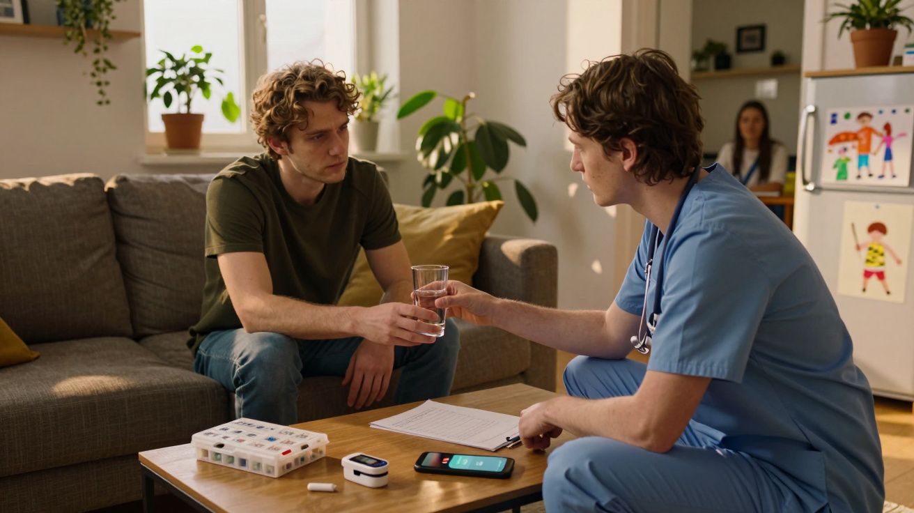 Dois homens conversam na sala, um com bata médica, oferecendo um copo de água ao outro. Mesa com tablet e caixas.