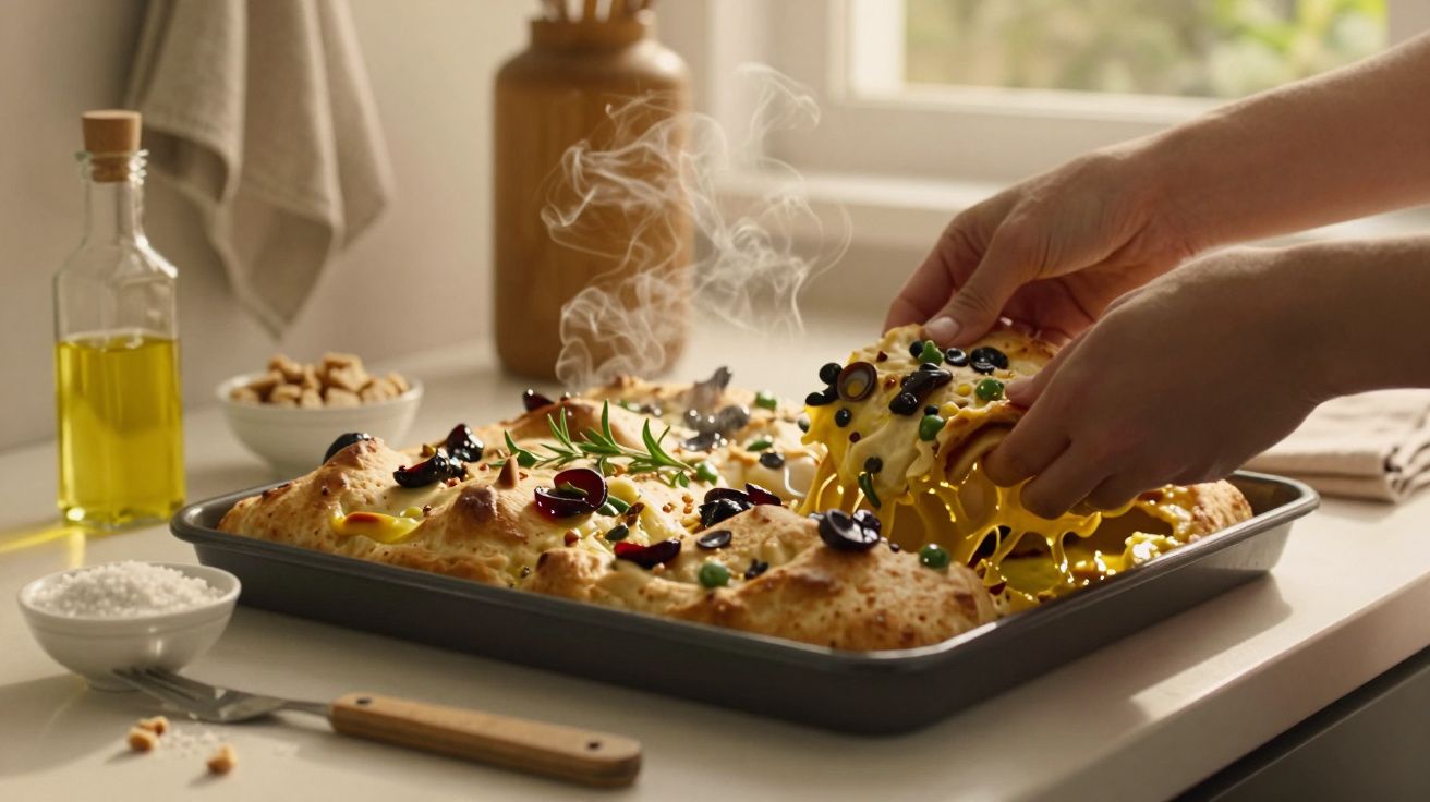 Mãos retirando pão de queijo quente e derretido de um tabuleiro, decorado com azeitonas e alecrim, em cozinha iluminada.