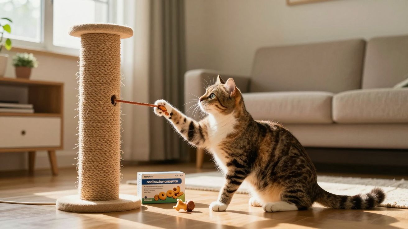 Gato a brincar com um arranhador de sisal ao lado de uma caixa de brinquedos, numa sala iluminada.