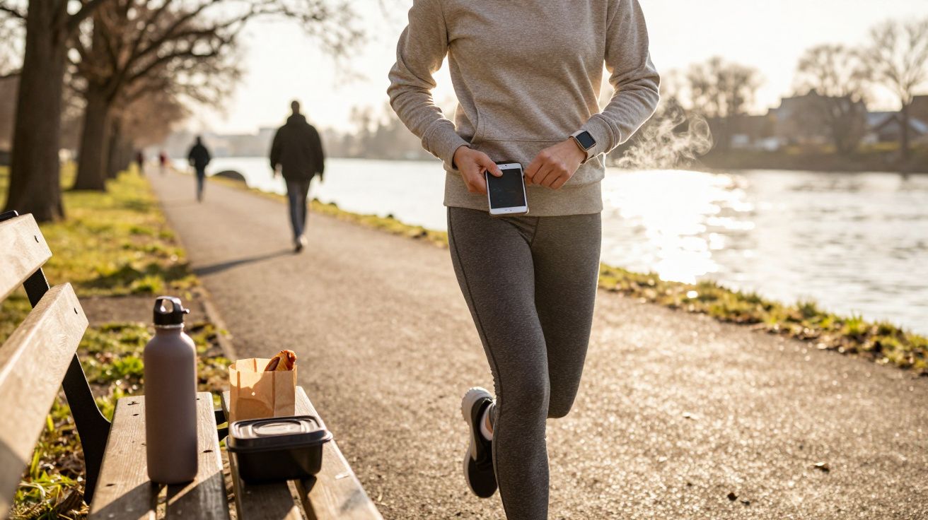 Pessoa a correr junto a um rio com telemóvel na mão. Banco com garrafa e comida à esquerda. Sol ao fundo.
