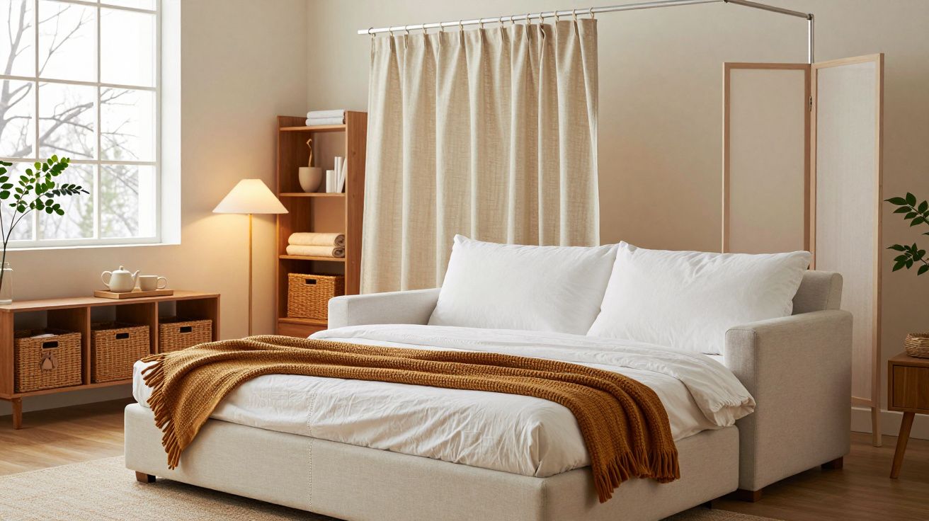 Quarto moderno com cama de casal, colcha castanha, cortina, móveis de madeira e plantas decorativas.