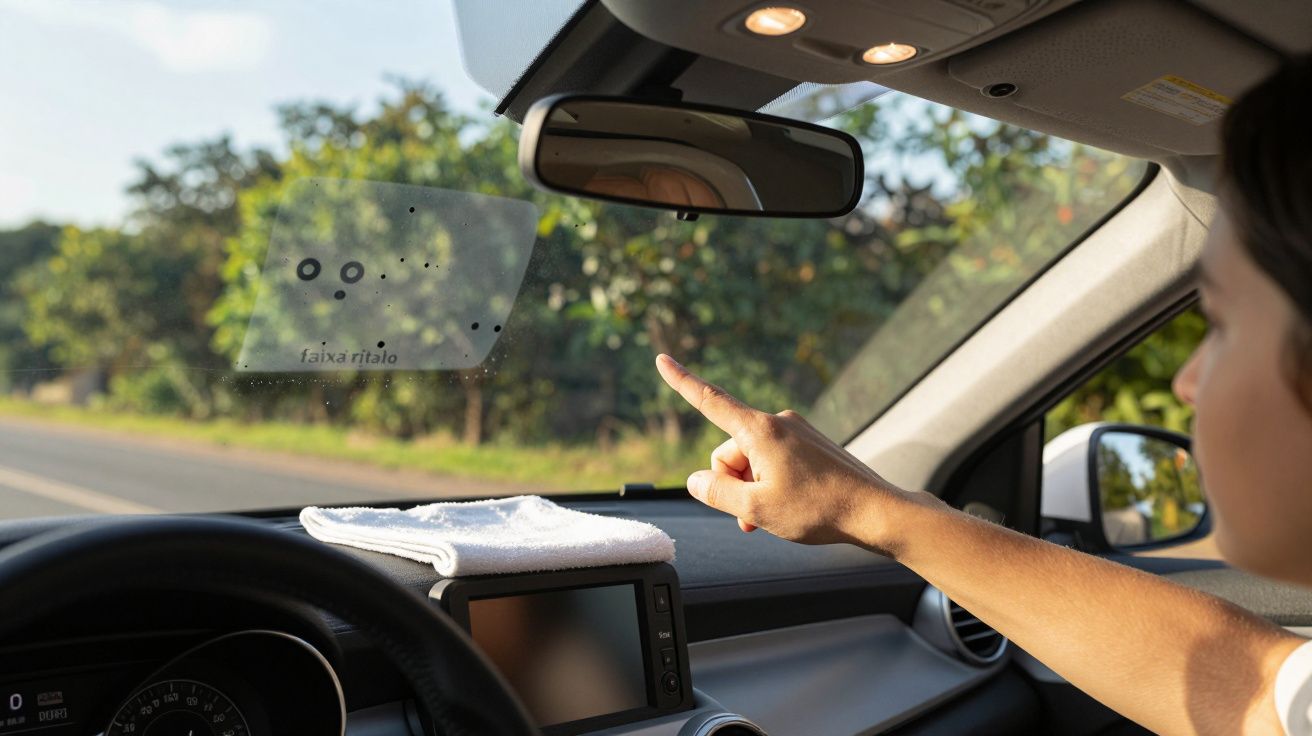 Pessoa dentro de carro aponta para o vidro dianteiro, com estrada e árvores visíveis ao fundo.