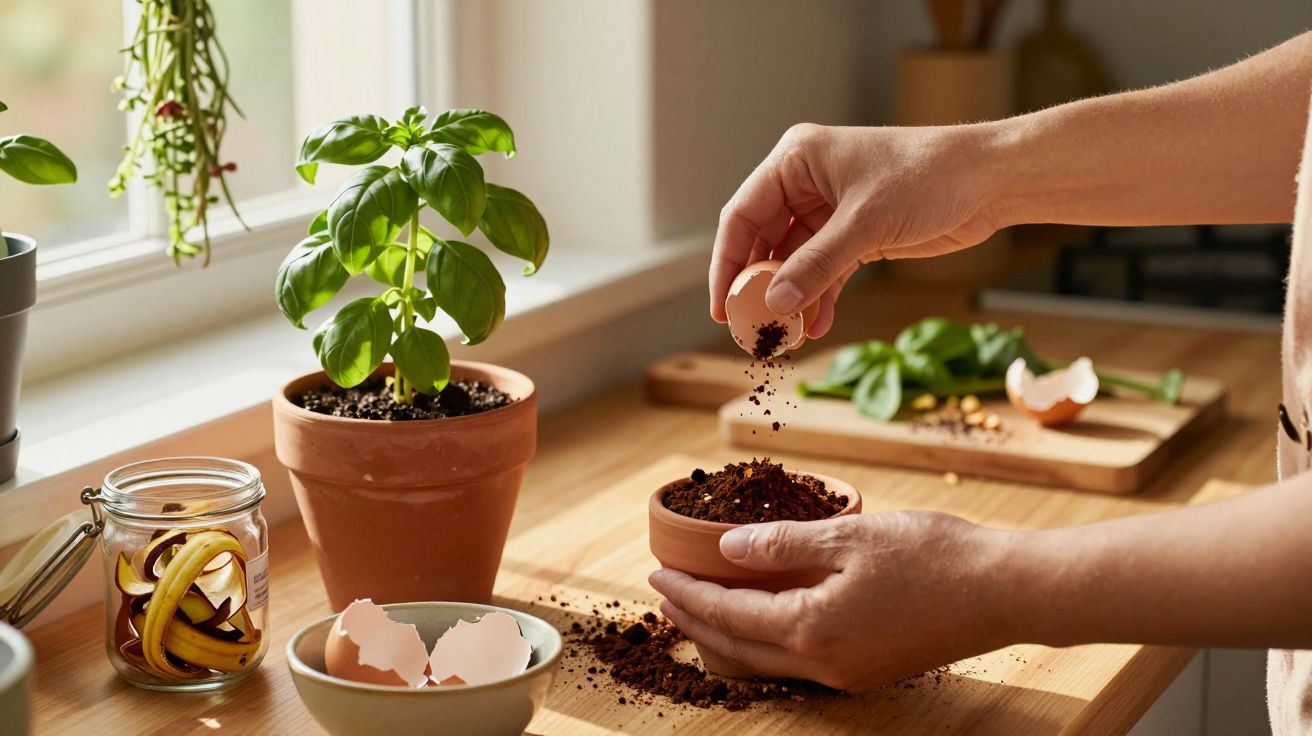 Mãos adicionando borra de café a um vaso de ervas numa cozinha iluminada pelo sol, com cascas de ovo próximas.