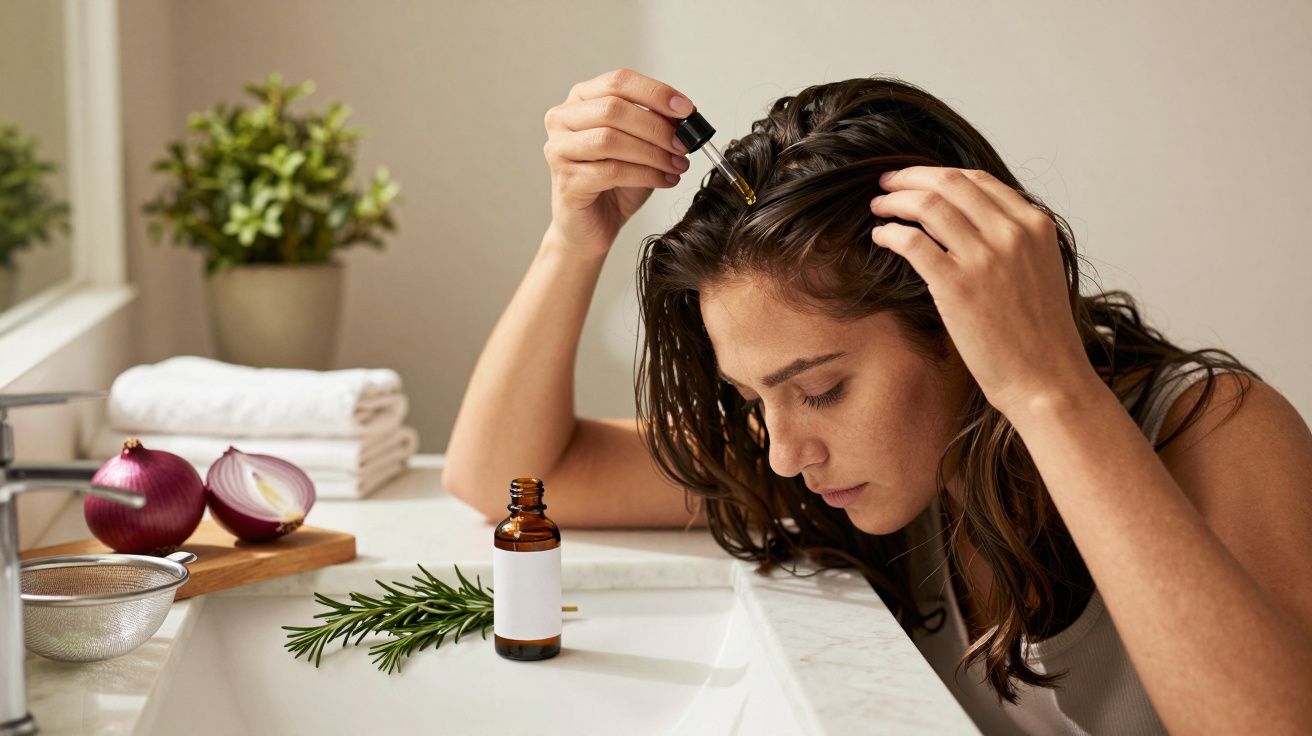 Mulher aplicando óleo no cabelo em frente a um lavatório com alecrim, cebolas e toalhas ao fundo.