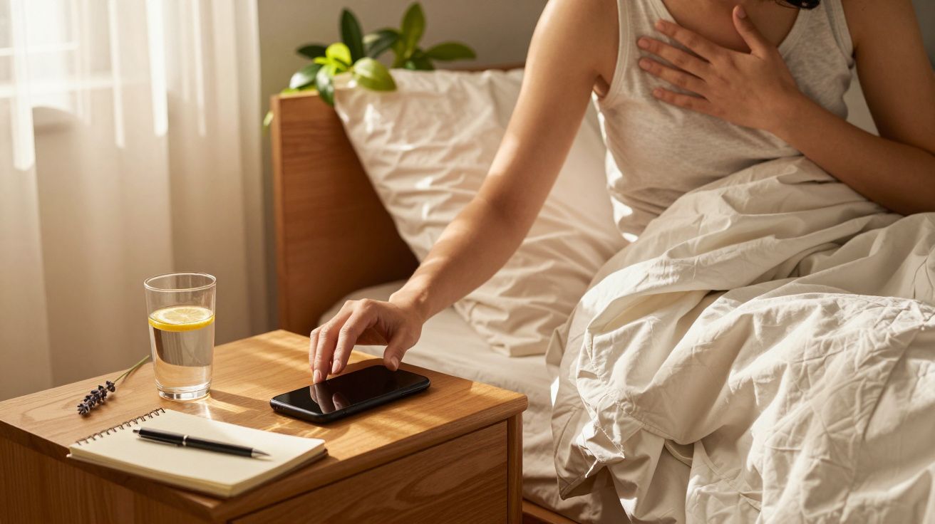 Pessoa na cama estende a mão para um telemóvel numa mesa de cabeceira com copo de água e bloco de notas.