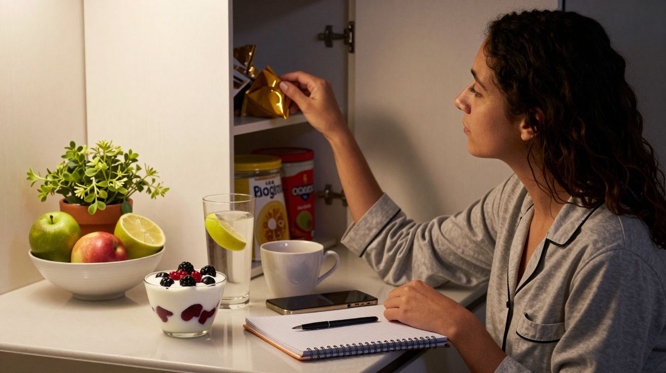 Mulher em pijama pega algo no armário. Na mesa, fruta, iogurte, água, bloco de notas e caneca.
