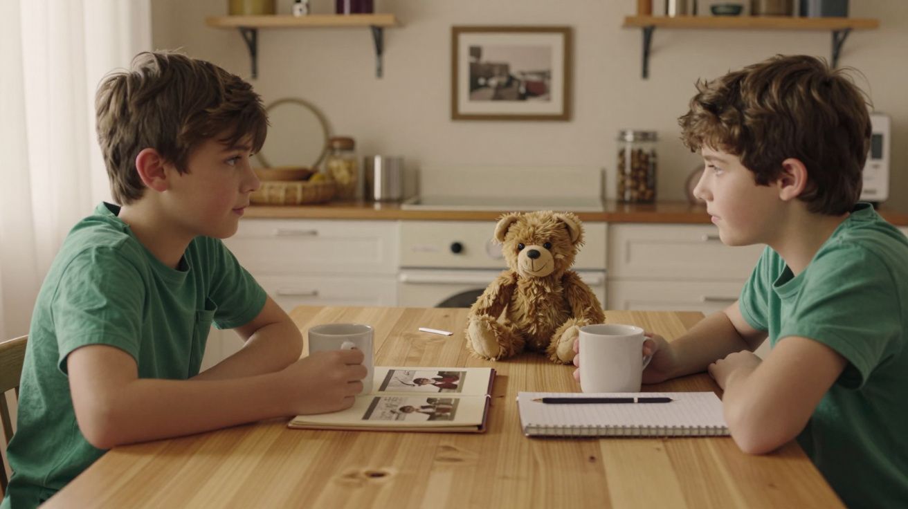 Dois rapazes sentados numa mesa com um urso, cadernos e chávenas, numa cozinha iluminada.