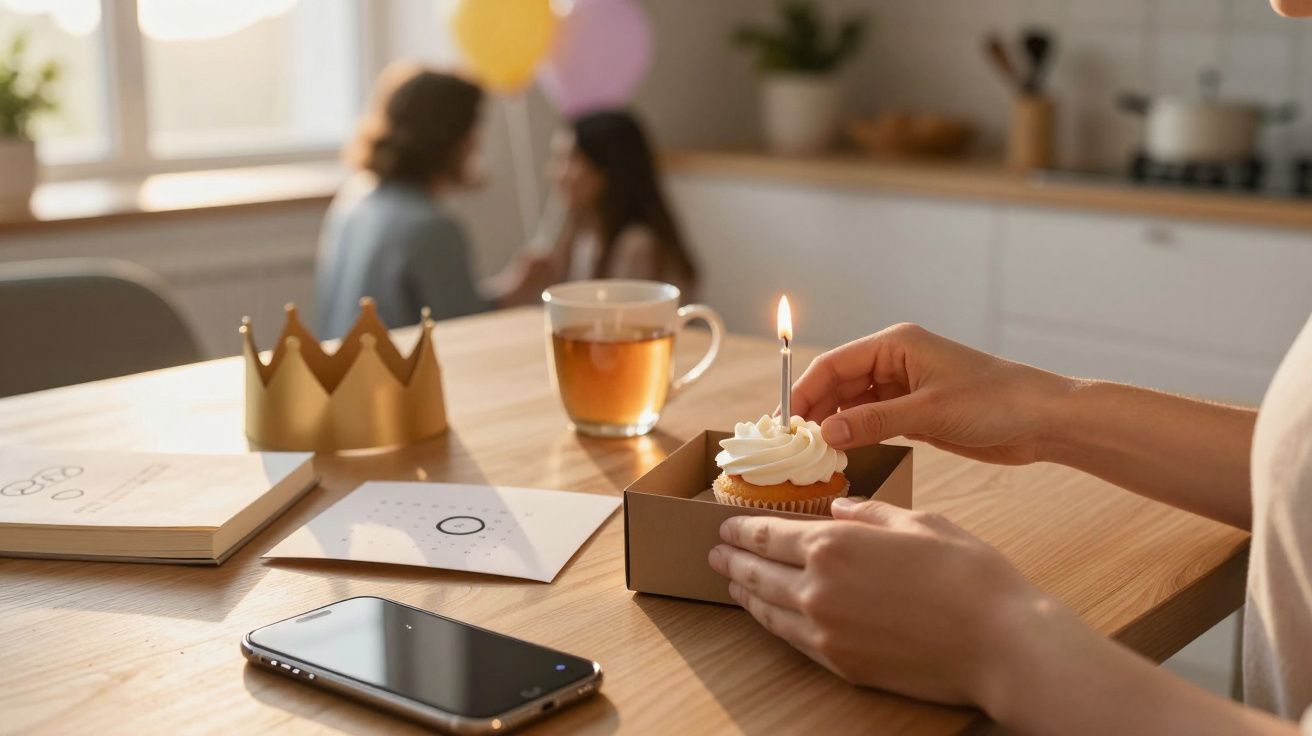 Mãos seguram cupcake com vela acesa em mesa de cozinha. Coroa de papel, chá, telemóvel e balões ao fundo.