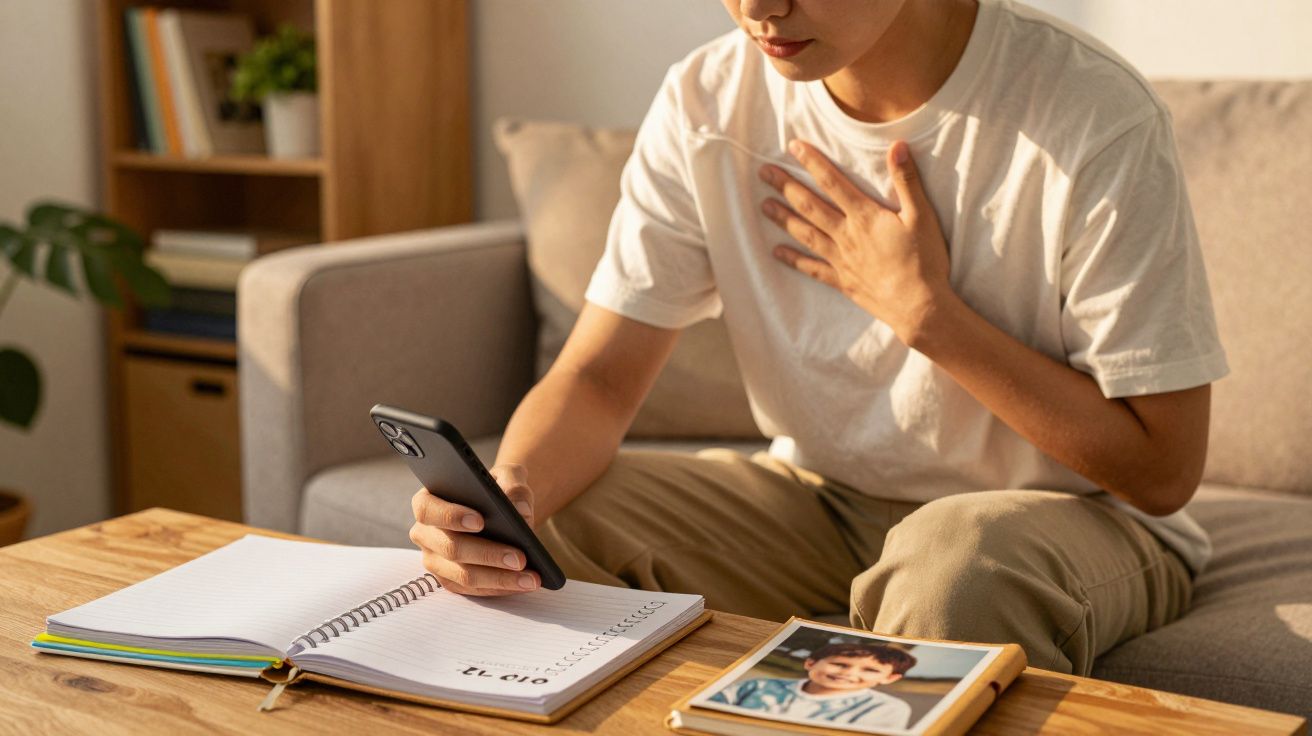 Pessoa sentada no sofá com mão no peito, segurando smartphone, caderno aberto e foto de criança sobre a mesa.