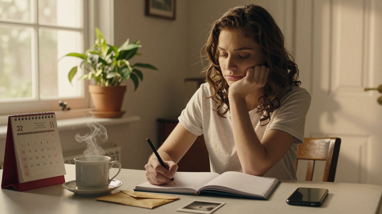 Mulher escrevendo em caderno numa mesa com chávena, calendário, telemóvel e planta ao fundo, luz suave entrando pela janela.