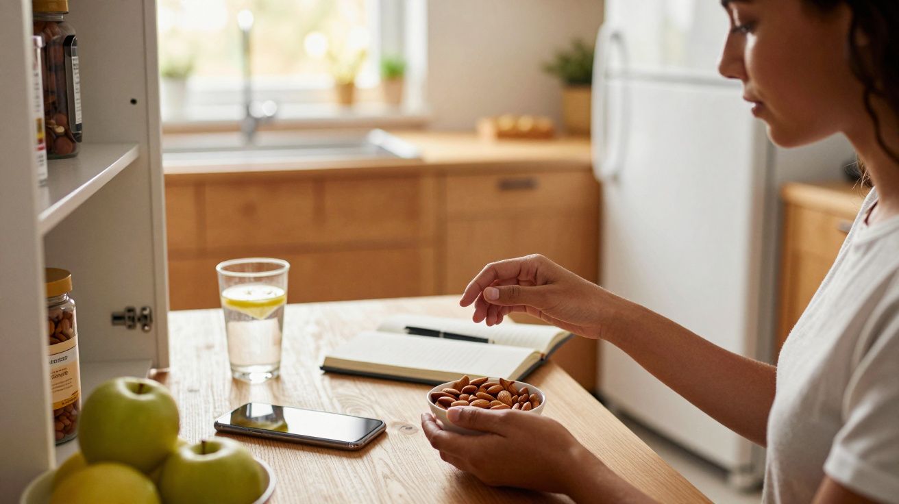 Mulher numa cozinha a comer amêndoas, com um telemóvel e um copo de água sobre a mesa.