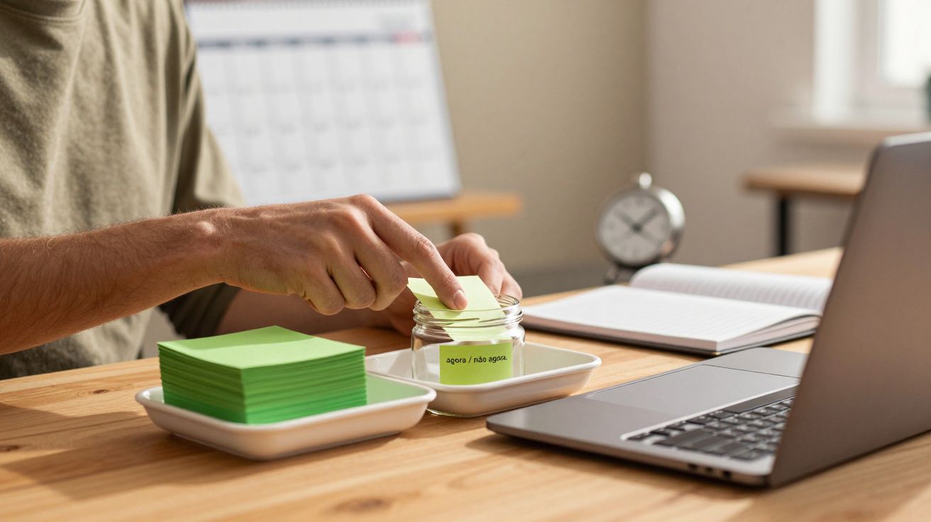 Pessoa pegando cartão verde de frasco, perto de portátil e bloco de notas numa mesa de madeira.