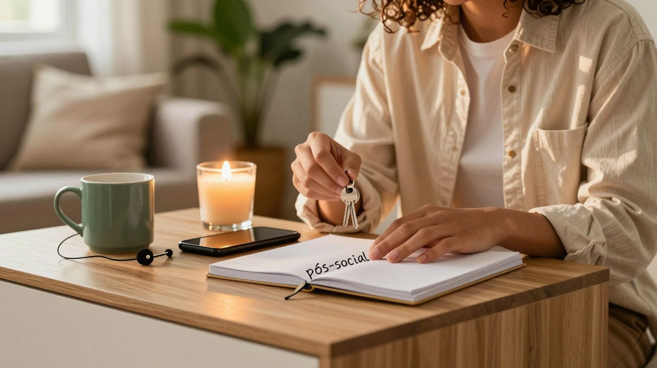 Mulher segurando chaves sobre um caderno com a palavra "Pós-social", ao lado de uma vela e uma caneca verde.