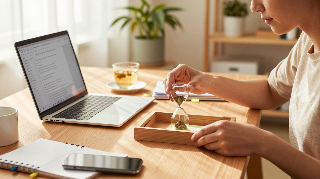 Pessoa trabalha num portátil à secretária, segurando uma ampulheta. Há chá, caderno e smartphone em cima da mesa.