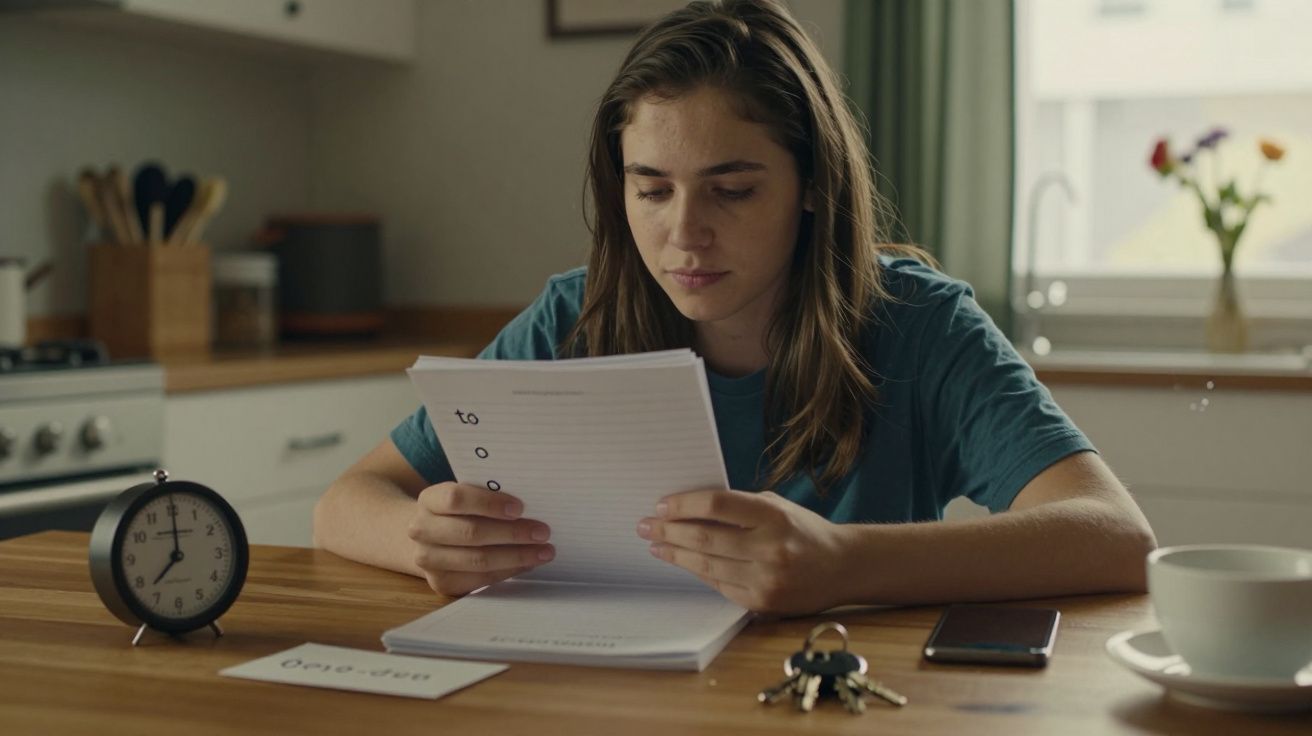 Jovem sentada à mesa da cozinha, lendo papéis. Relógio, chaves e chávena ao lado.