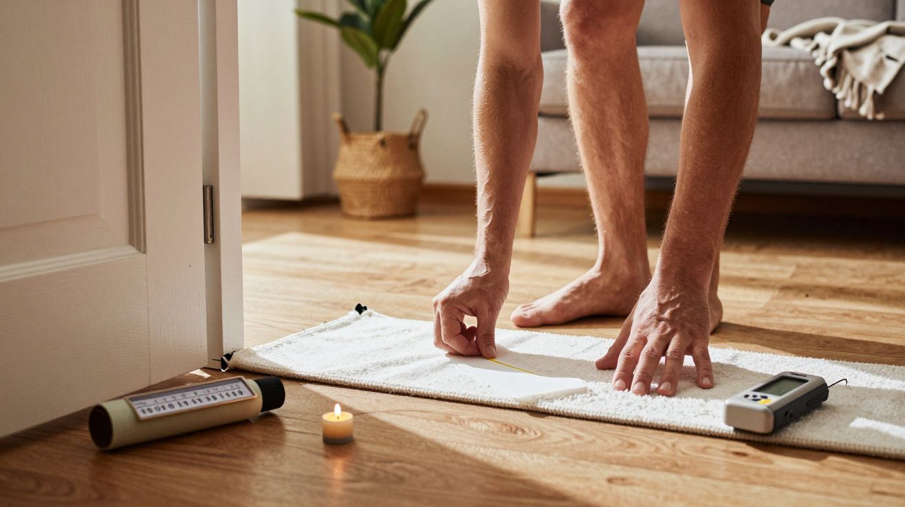 Pessoa estende tapete para exercício no chão de madeira, com vela e objetos de medição ao lado.