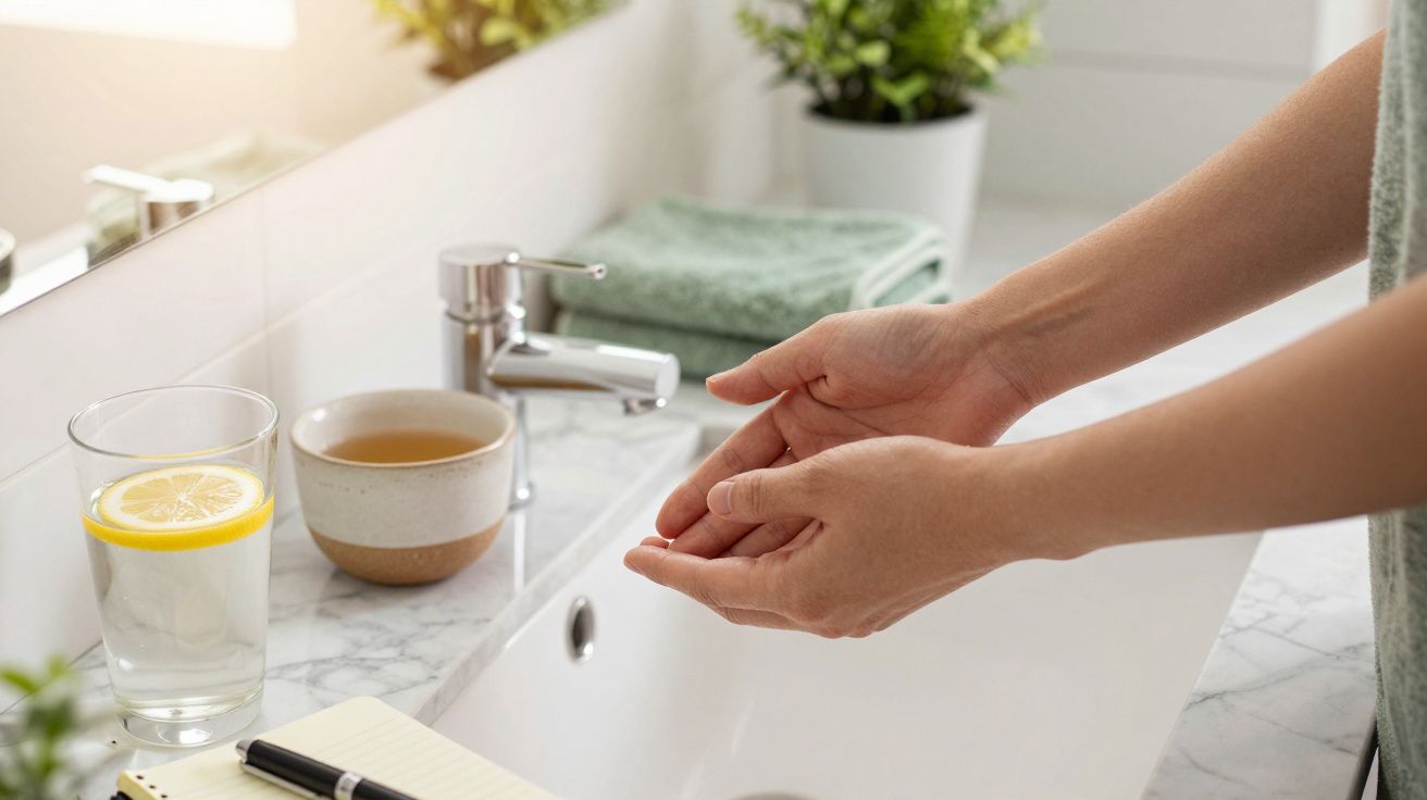 Mãos debaixo de uma torneira numa casa de banho com copo de água e chávena ao lado.