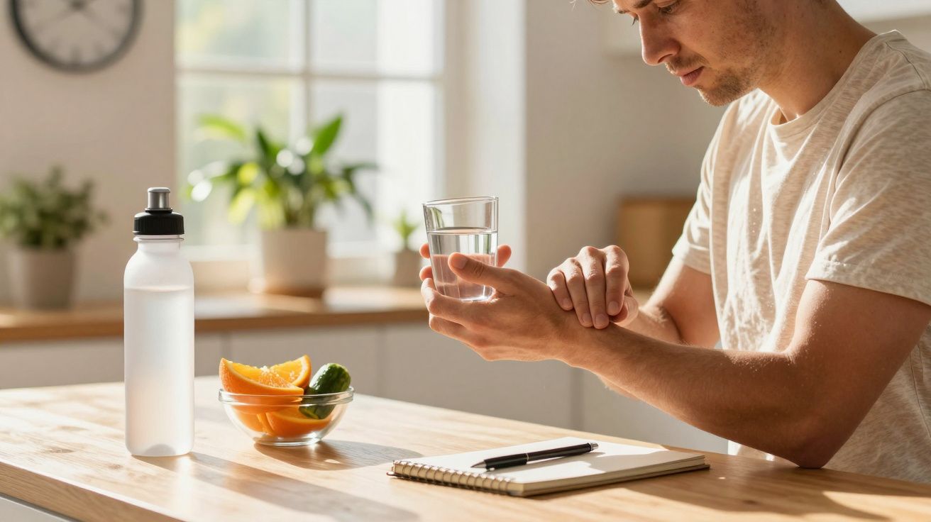 Homem sentado à mesa com copo de água. Fruta e garrafa ao lado, luz natural vinda da janela.