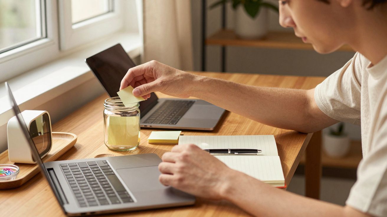 Pessoa coloca nota adesiva num frasco enquanto trabalha em portátil, com caderno ao lado numa mesa de madeira.