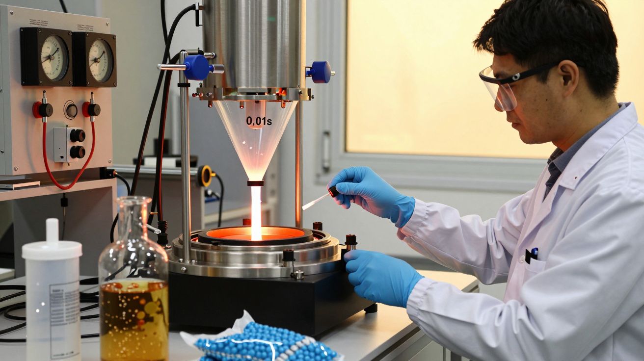 Cientista num laboratório usa equipamento com luz intensa, usando luvas e óculos de proteção. Instrumentos ao redor.