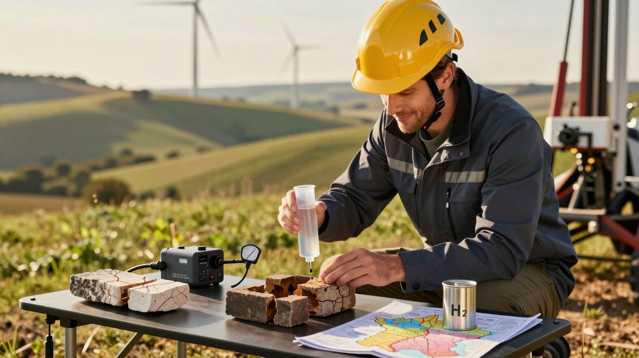 Homem com capacete analisa amostras de solo numa mesa ao ar livre, com turbinas e mapa no fundo.