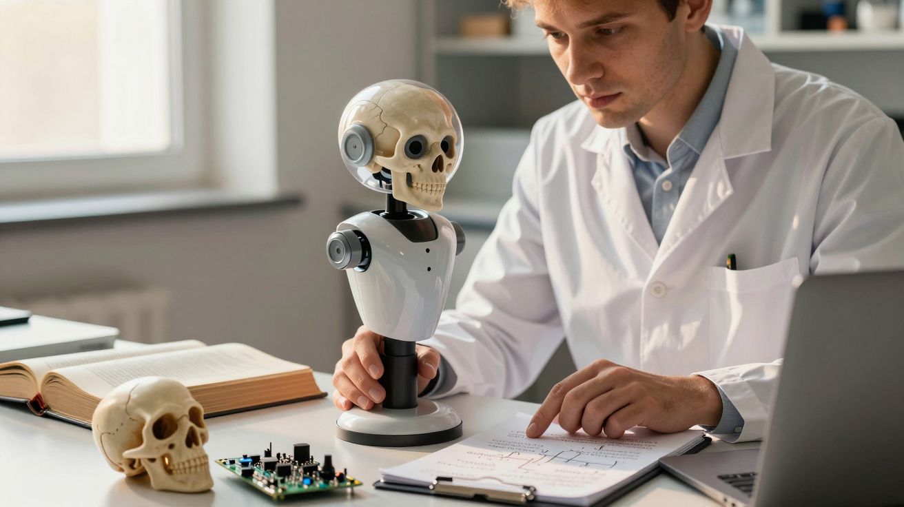 Cientista de bata branca analisa robô com cabeça de crânio humano numa mesa de laboratório.