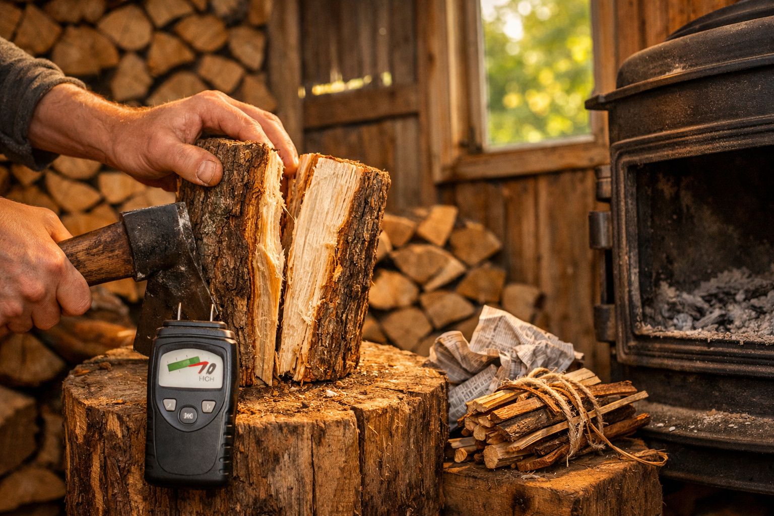 Pessoa mede a humidade de um tronco com um medidor digital em frente a um abrigo de lenha empilhada.