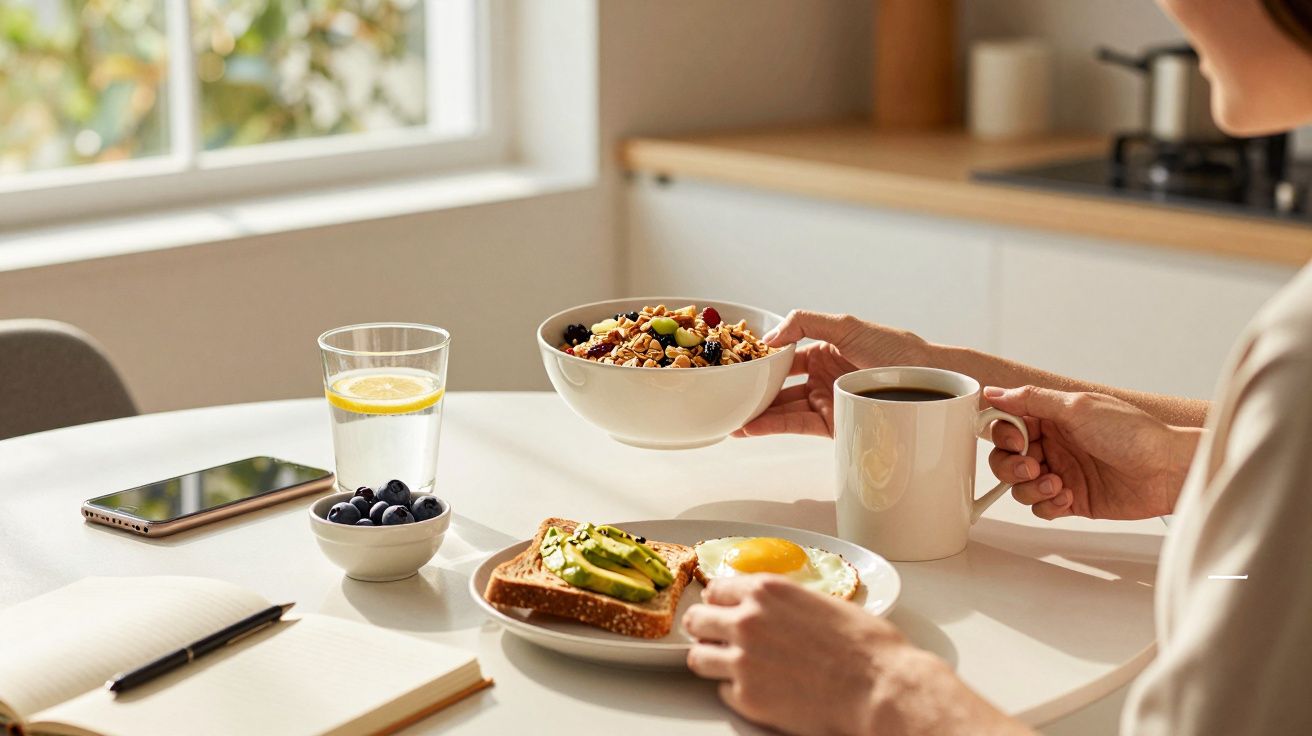 Pessoa a preparar pequeno-almoço saudável na cozinha, com torradas, ovo estrelado, fruta, café e água com limão.