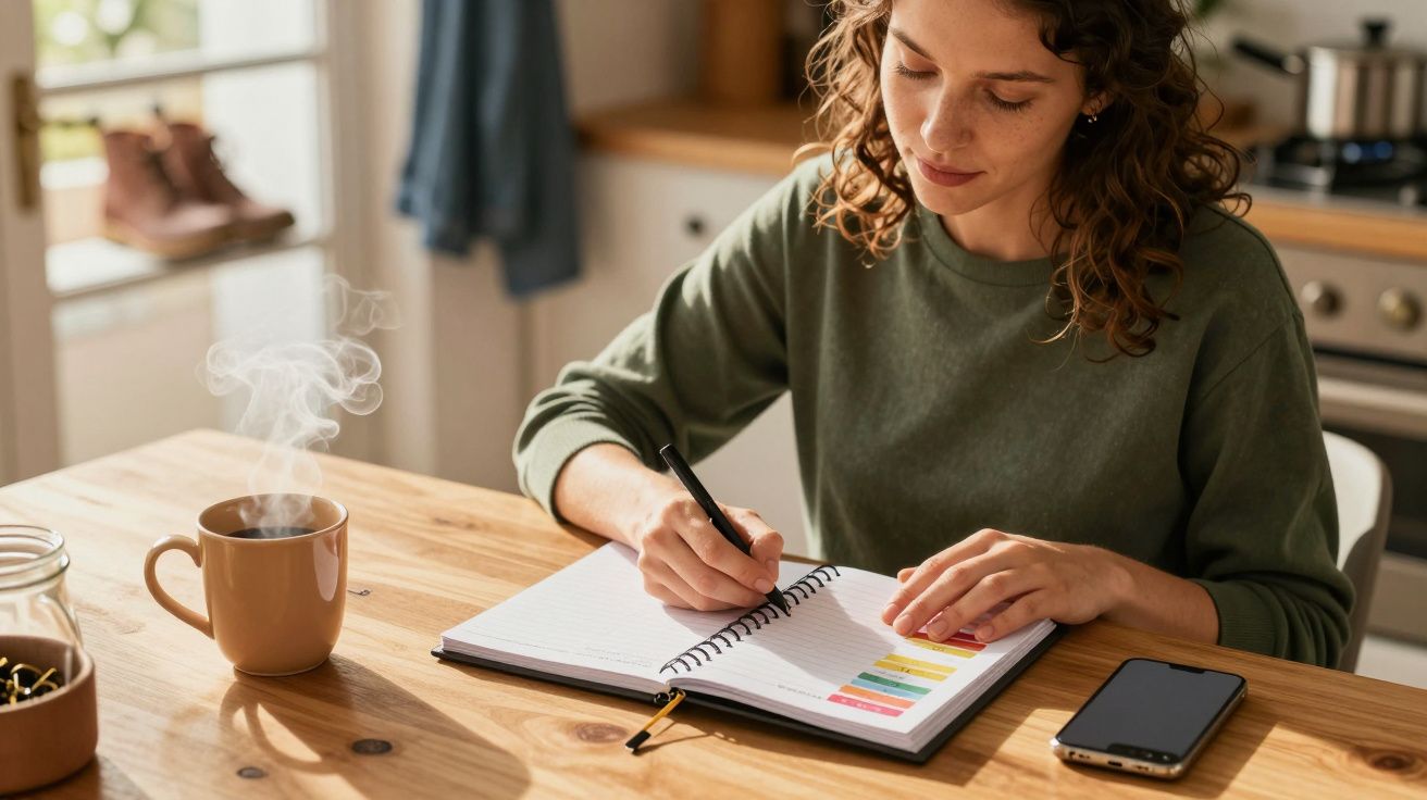 Mulher escreve num caderno em mesa de madeira, com chá quente e telemóvel ao lado.