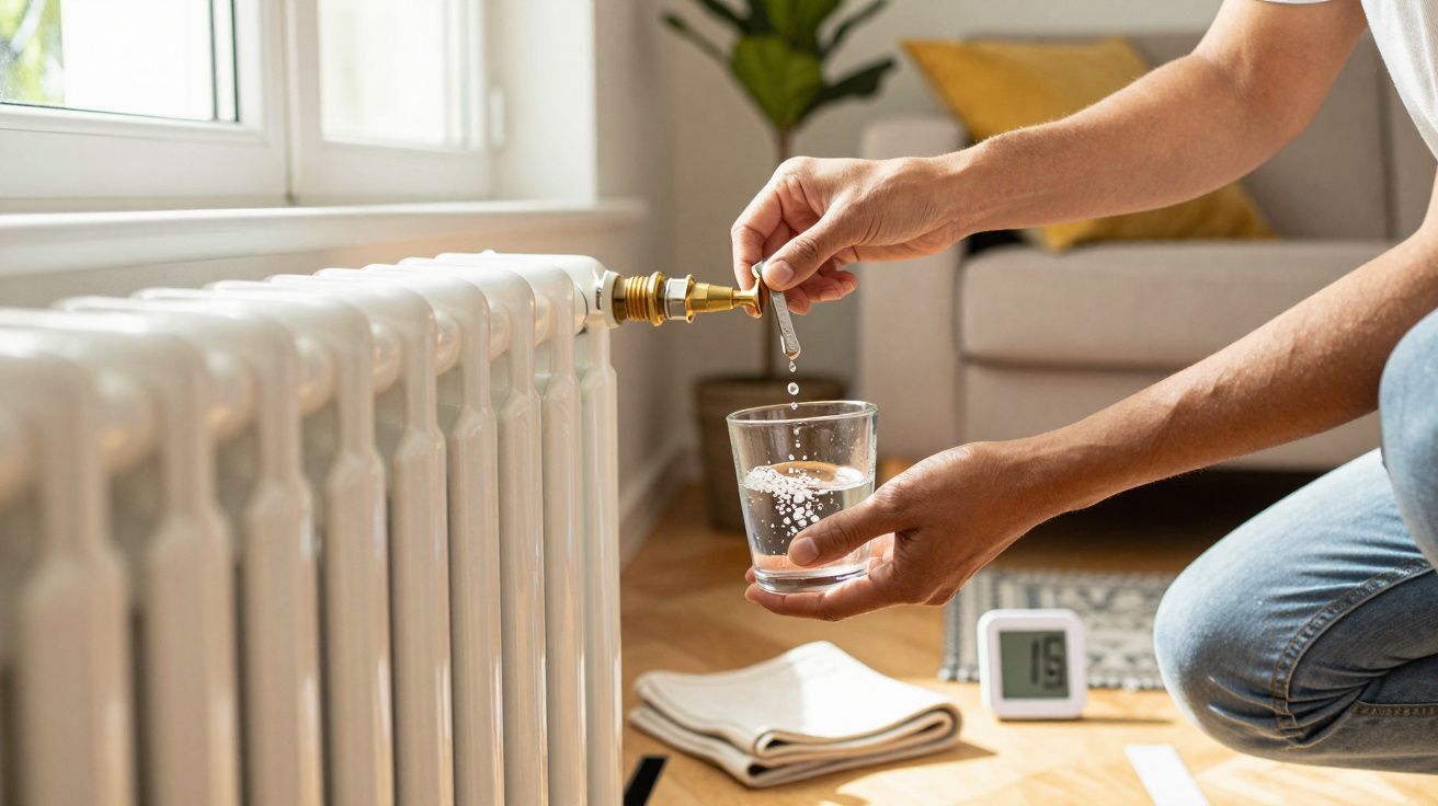 Pessoa ajusta torneira de radiador e recolhe água num copo, num ambiente doméstico iluminado, com plantas ao fundo.