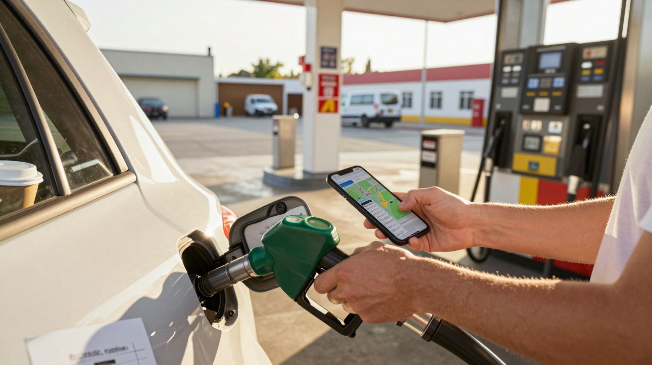 Pessoa abastece carro numa bomba de gasolina enquanto usa smartphone.