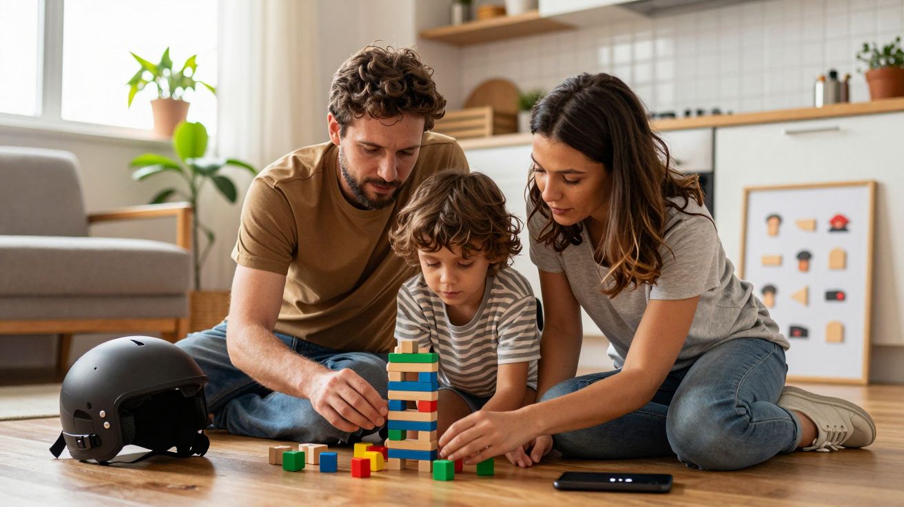 Família a construir uma torre de blocos coloridos no chão da sala. Capacete preto e telemóvel ao lado.