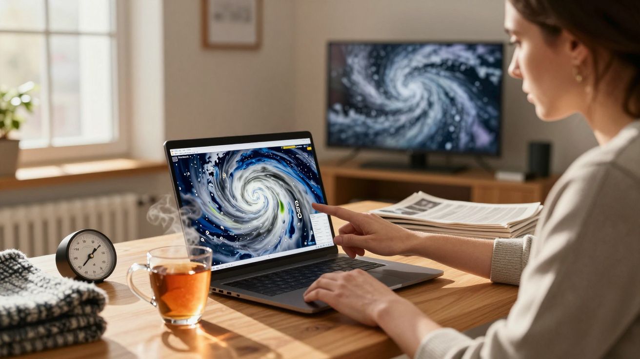 Mulher aponta para imagem de ciclone no portátil, com chá, relógio e televisão ao fundo.
