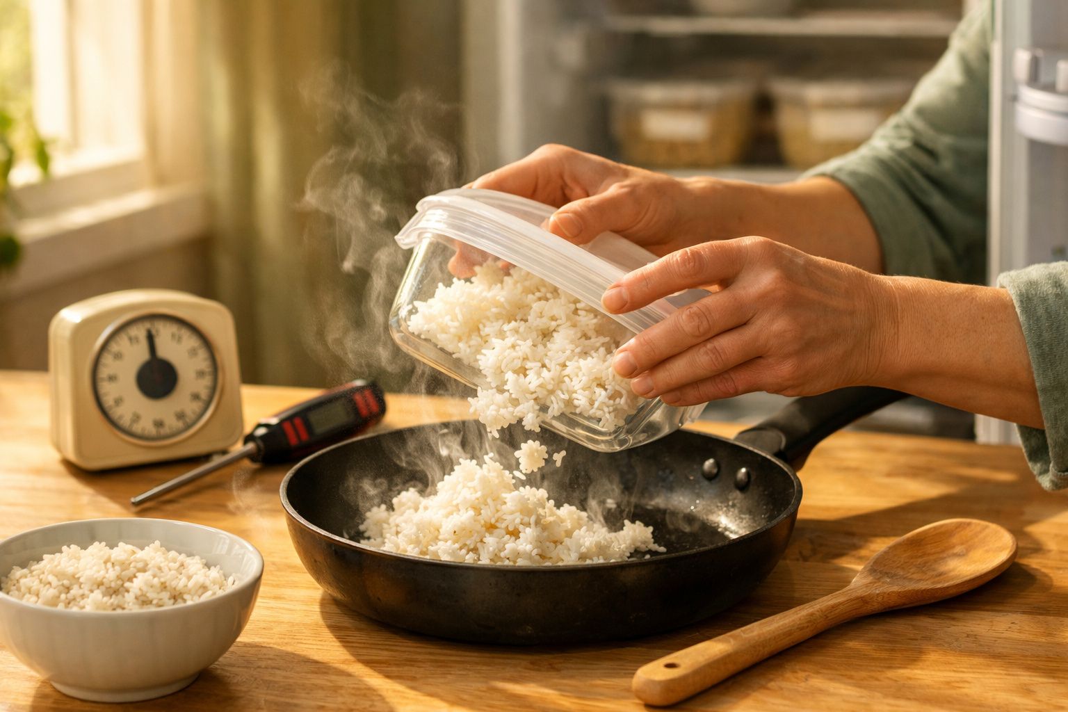 Pessoa a cozinhar arroz numa frigideira sobre um fogão com temporizador e caixas de arroz na bancada.