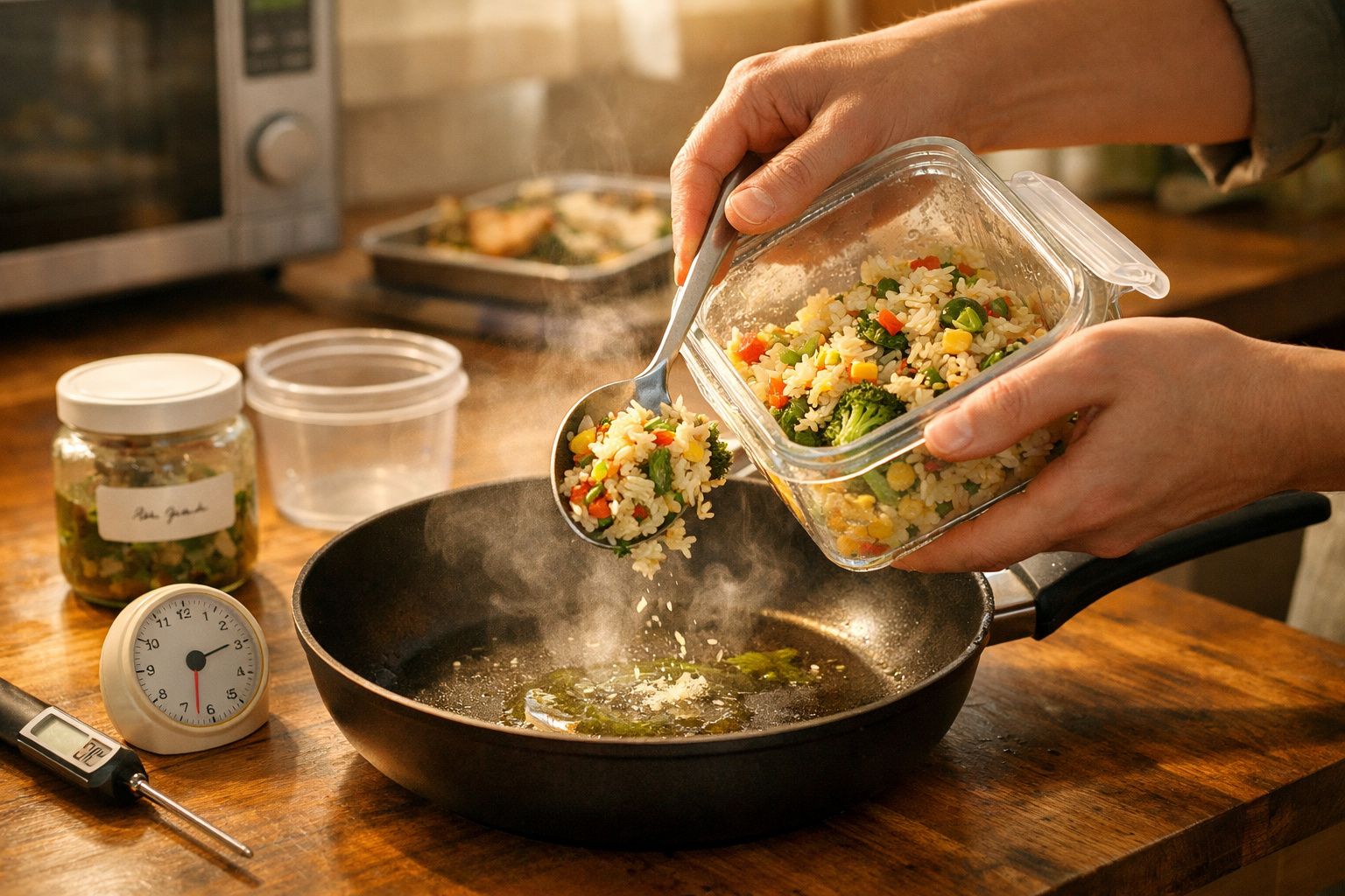 Pessoa prepara refeições com salmão, massa e brócolos em caixas herméticas na cozinha, ao lado de micro-ondas e relógio.