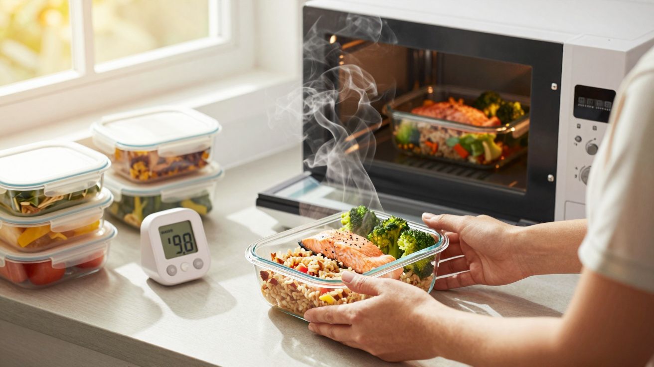 Pessoa retira recipiente com salmão e brócolos do micro-ondas, com caixas de comida ao lado e temporizador próximo.