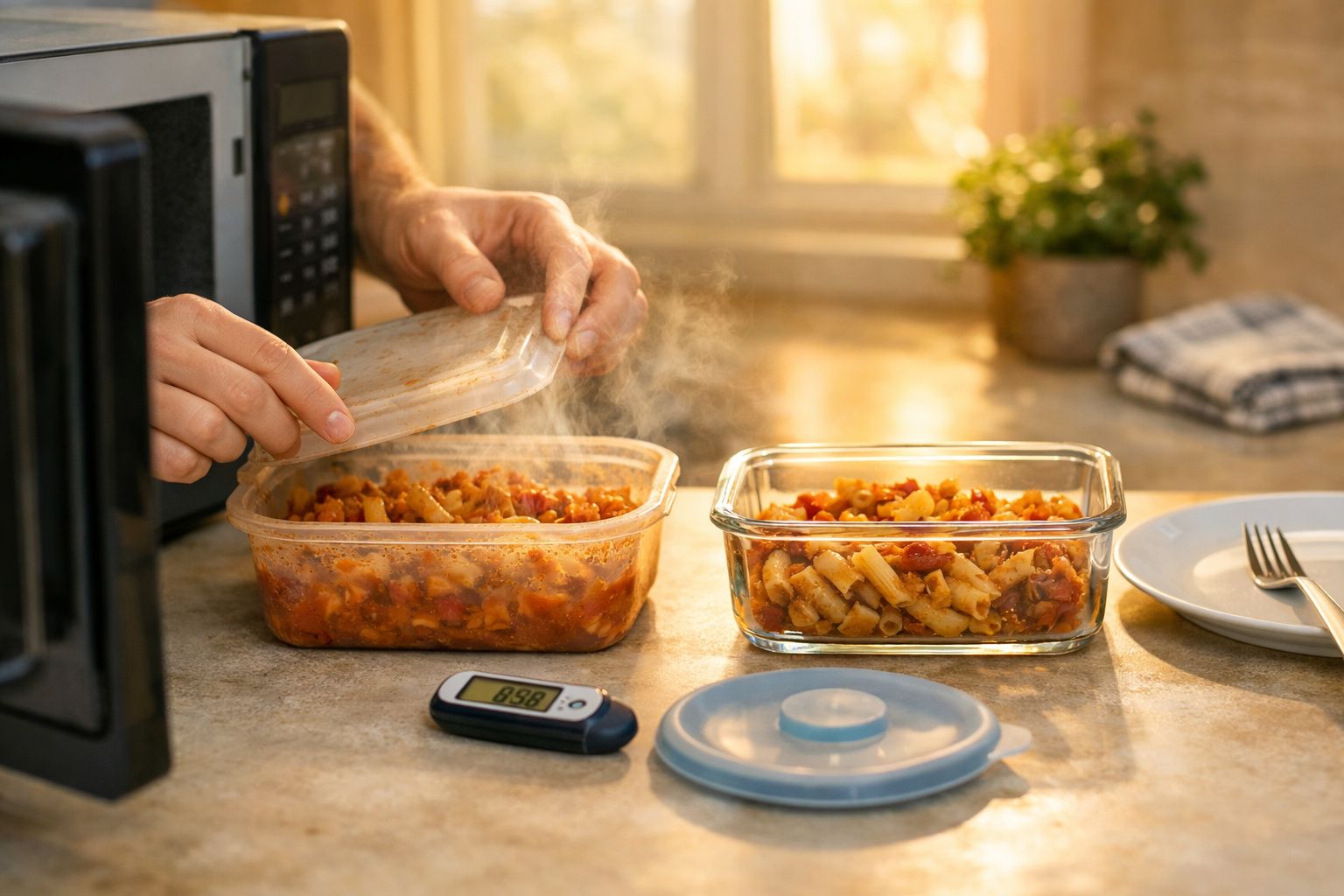 Mãos seguram uma tampa sobre um recipiente de plástico com arroz e legumes fumegantes, ao lado de um micro-ondas na cozinha.