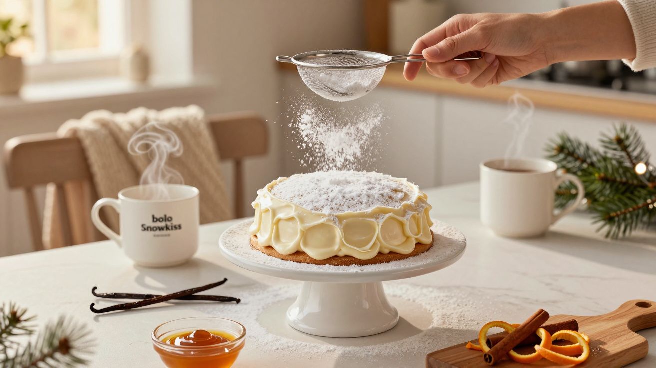 Mão polvilhando açúcar em bolo decorado em pé, com chávenas, laranja e paus de canela na cozinha iluminada por sol.
