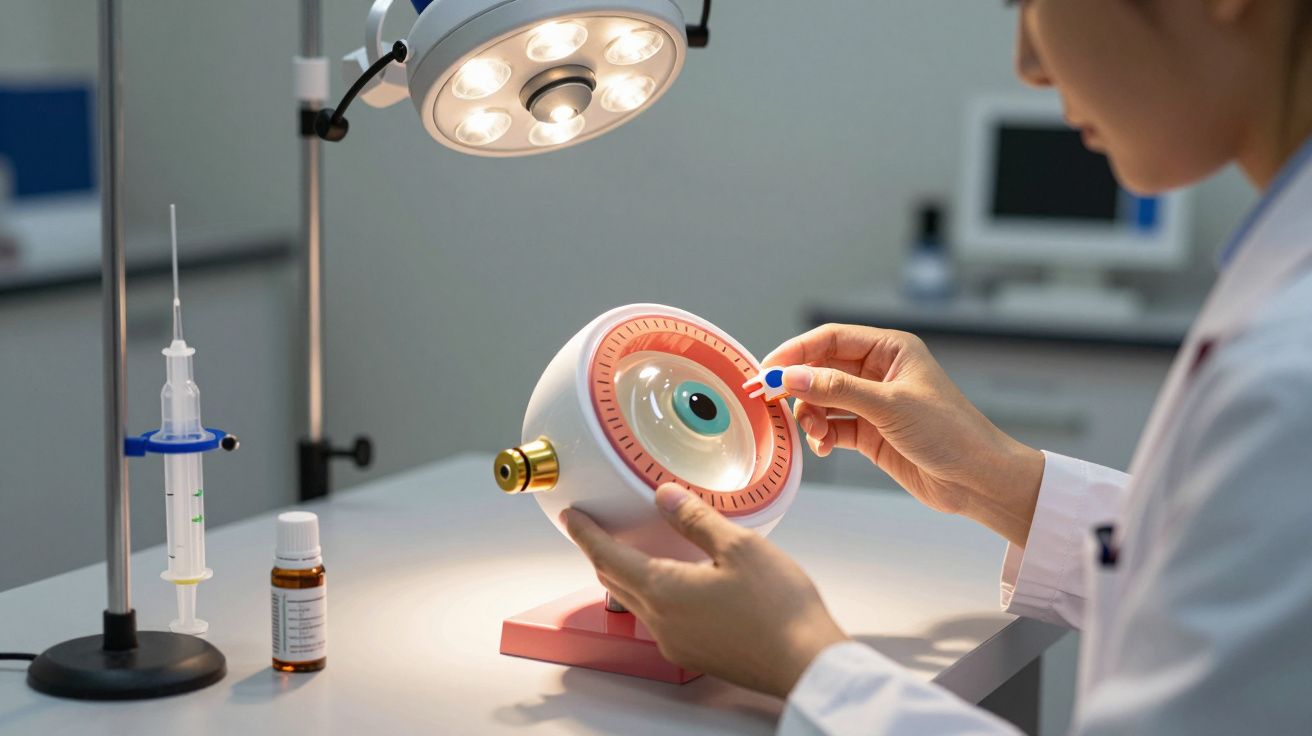Profissional examina modelo de olho sob luz de exame, com seringa e frascos ao lado em consultório médico.
