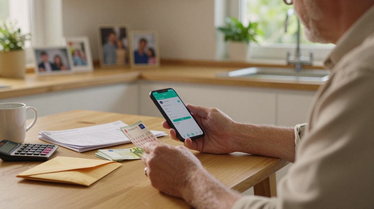 Homem usando smartphone à mesa, cercado por documentos, calculadora e dinheiro.