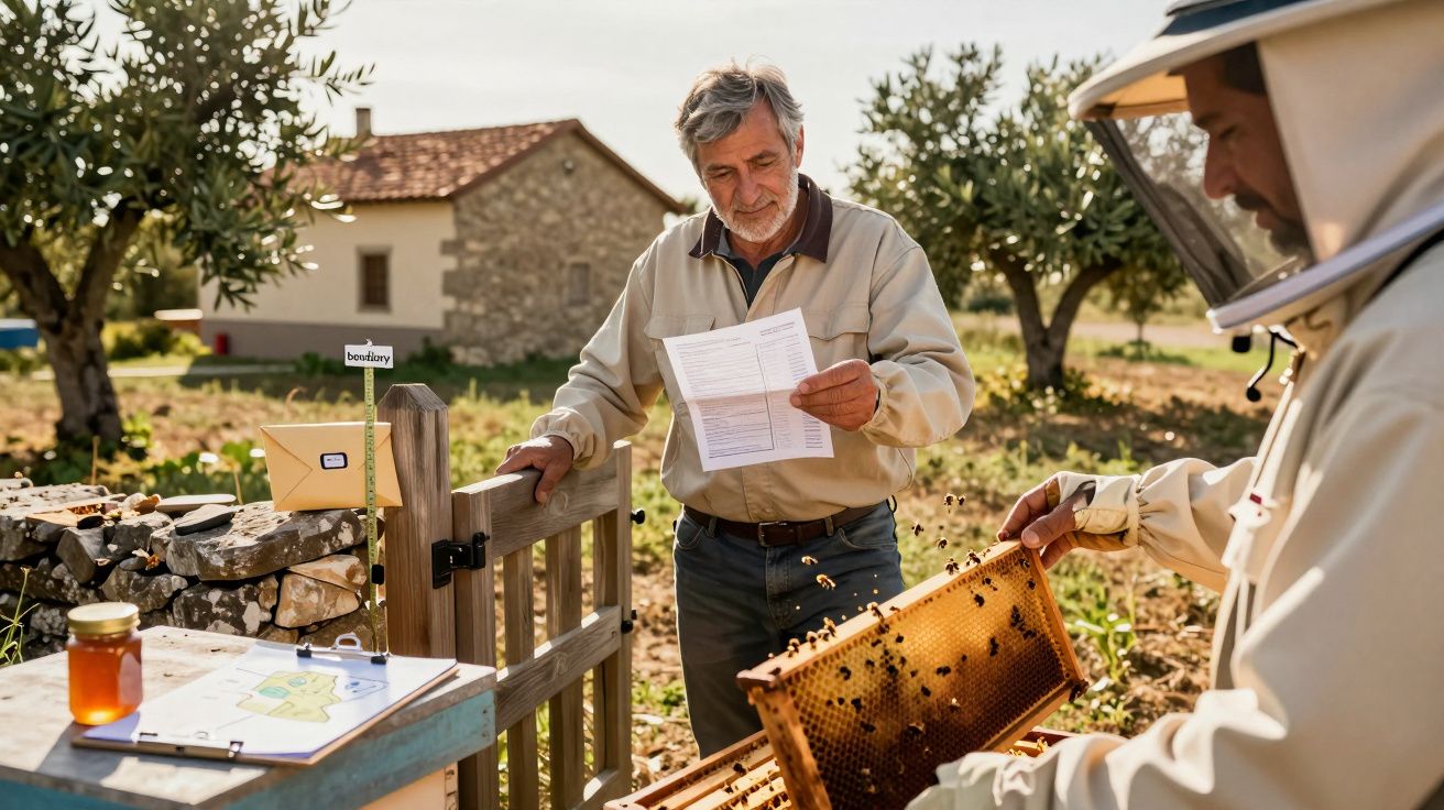 Apicultores a inspecionar colmeia num campo, com notas e mel sobre mesa ao ar livre, perto de casa rural.