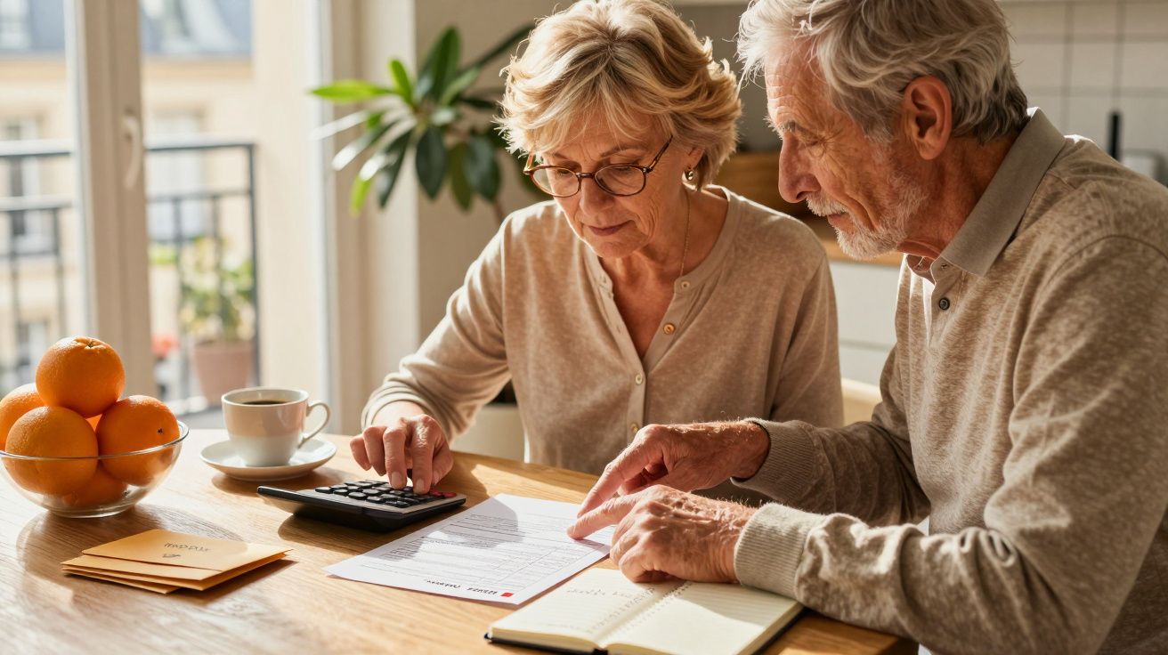 Casal idoso revisa documentos e usa calculadora em casa; laranja e chá na mesa.