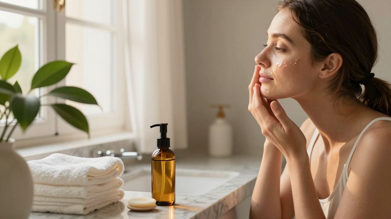 Mulher aplica creme no rosto em frente a uma janela, com toalhas e sabonete ao lado.