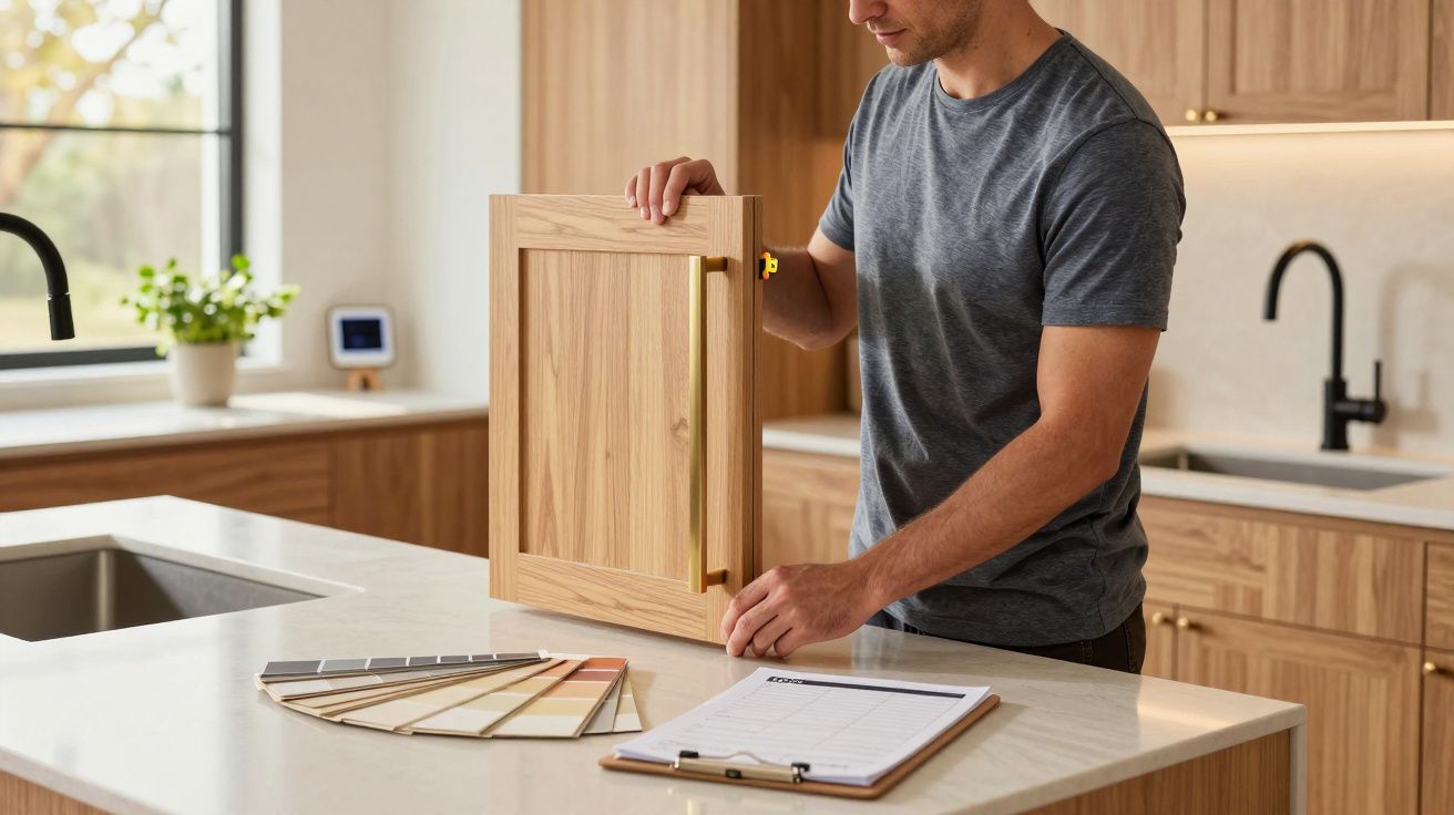 Homem observa porta de armário de madeira numa cozinha moderna, com amostras de cor e prancheta na bancada de mármore.