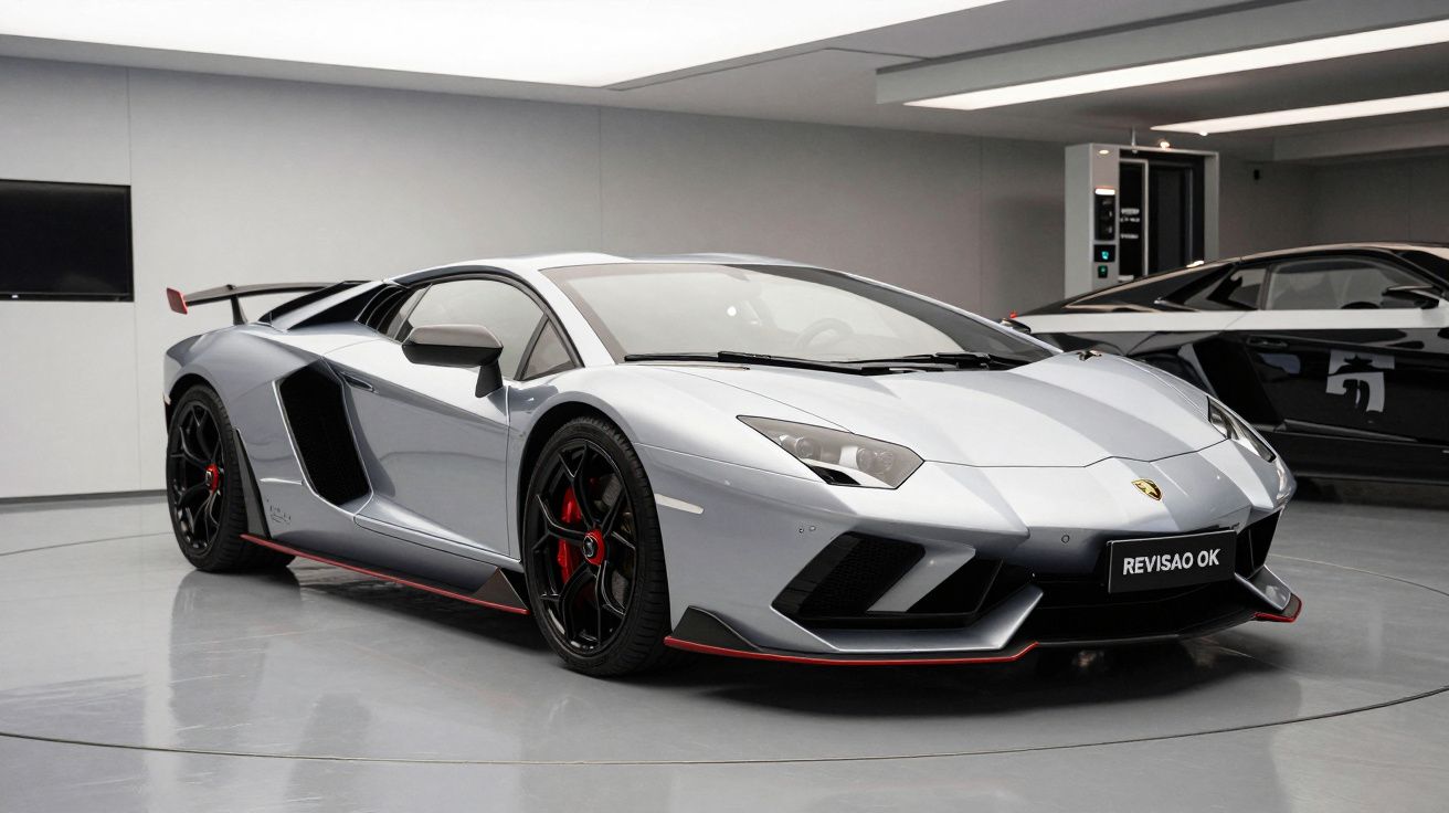 Carro desportivo prata em exposição numa garagem moderna, com design aerodinâmico e jantes negras com detalhes vermelhos.