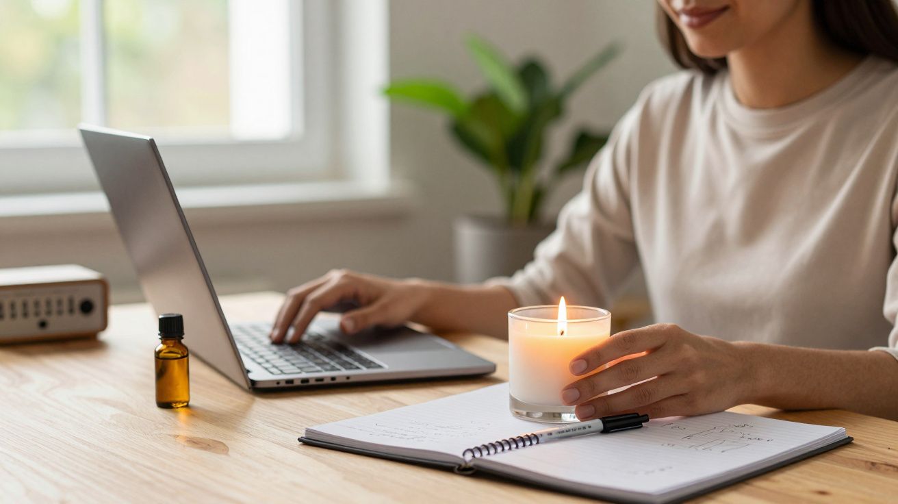 Mulher a trabalhar no portátil com uma vela acesa e caderno na mesa.