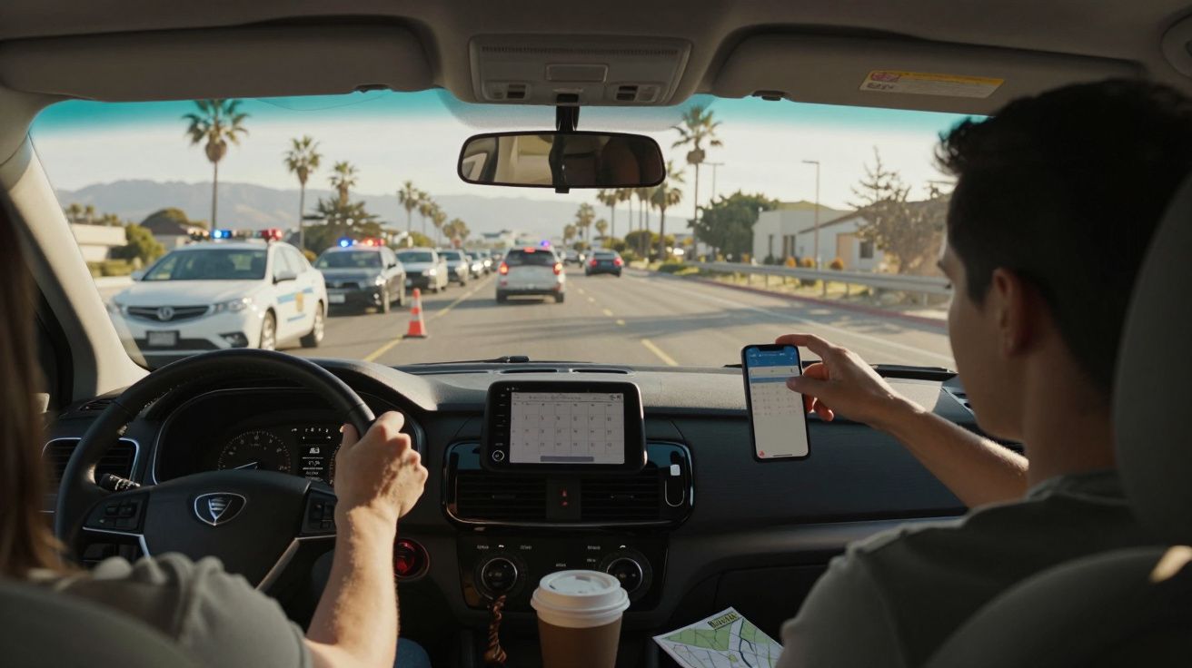 Vista de dentro do carro, passageiro vê telemóvel, condutor segura volante; trânsito com carros e cones à frente.