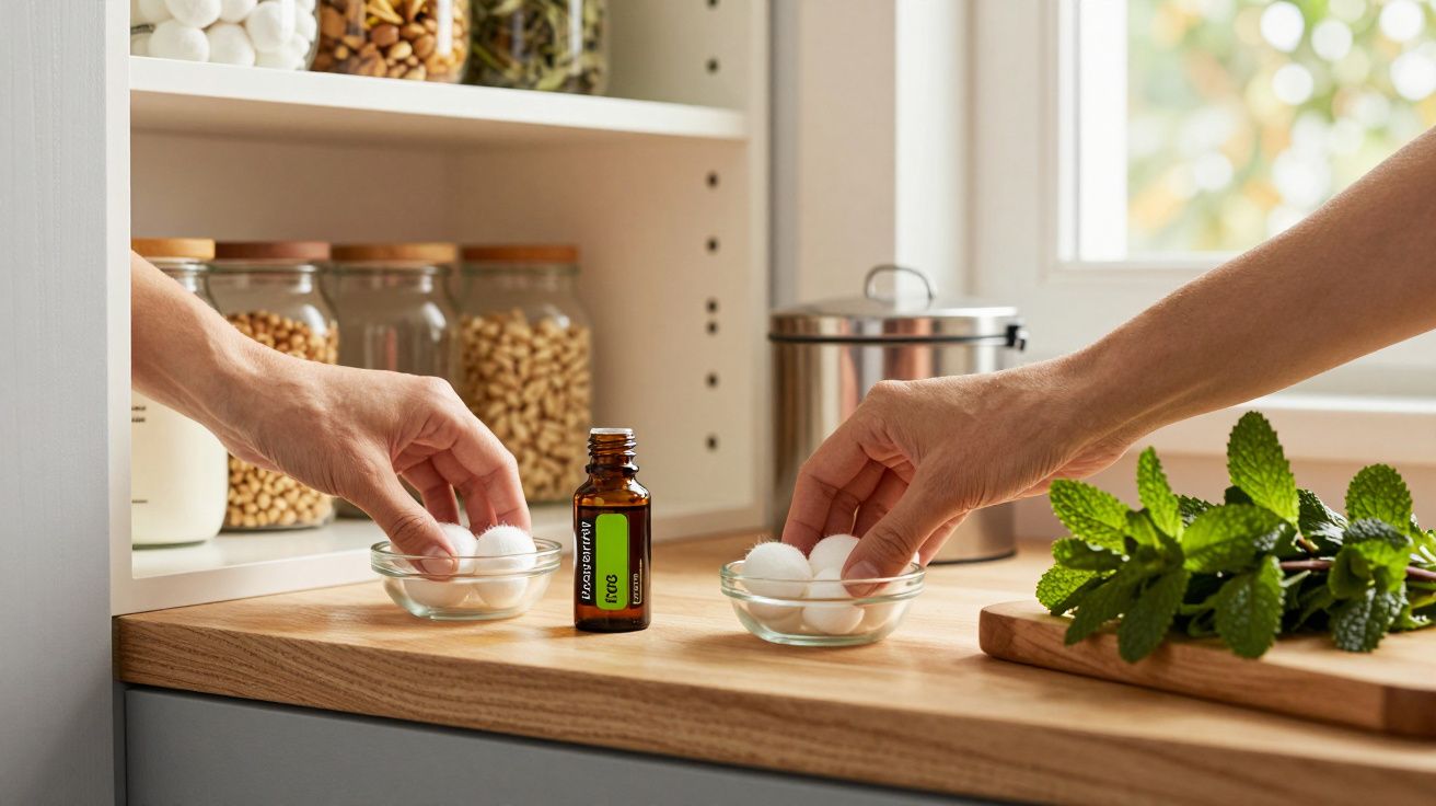 Mãos colocando bolas de algodão em tigelas de vidro ao lado de garrafa de óleo e ramo de hortelã numa cozinha iluminada.