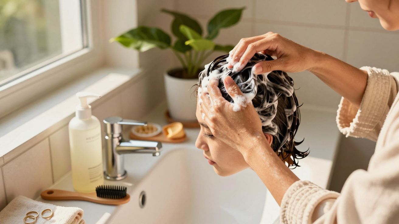 Criança a lavar cabelo no lavatório com espuma de champô, enquanto adulto ajuda na lavagem.