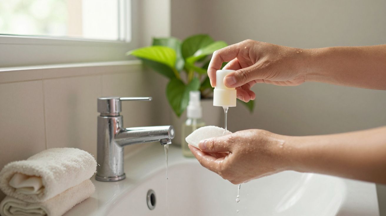 Mãos a lavar uma esponja redonda com sabonete líquido sobre um lavatório branco com torneira prateada.